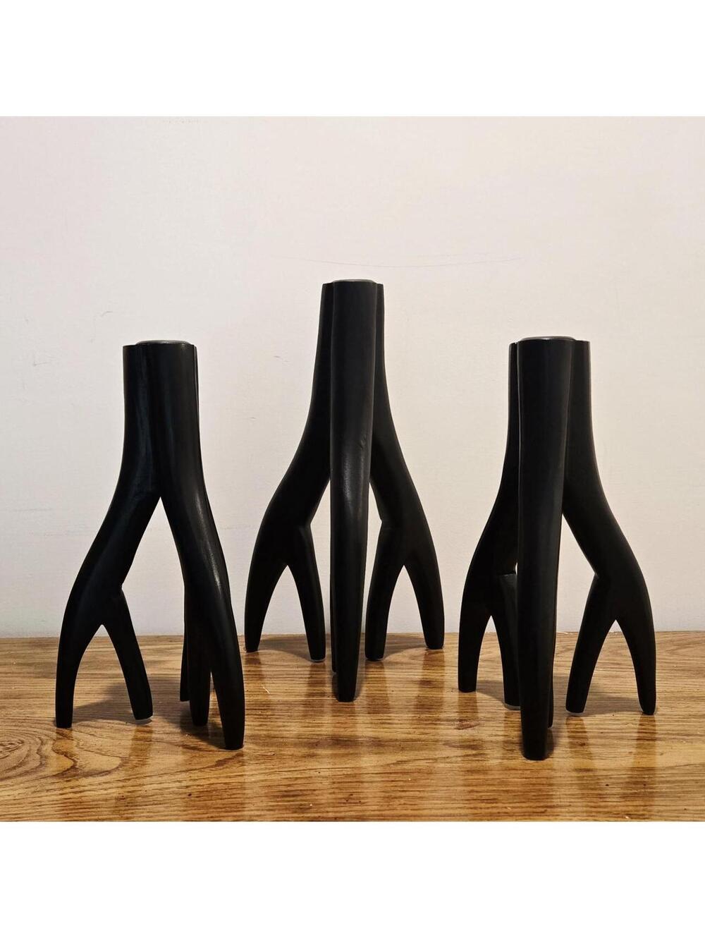 ✨️NEW✨️ Set of 3 Bazar Bizar Triple Twig Hand-Carved Wood Candle Holders - Picture 3 of 6
